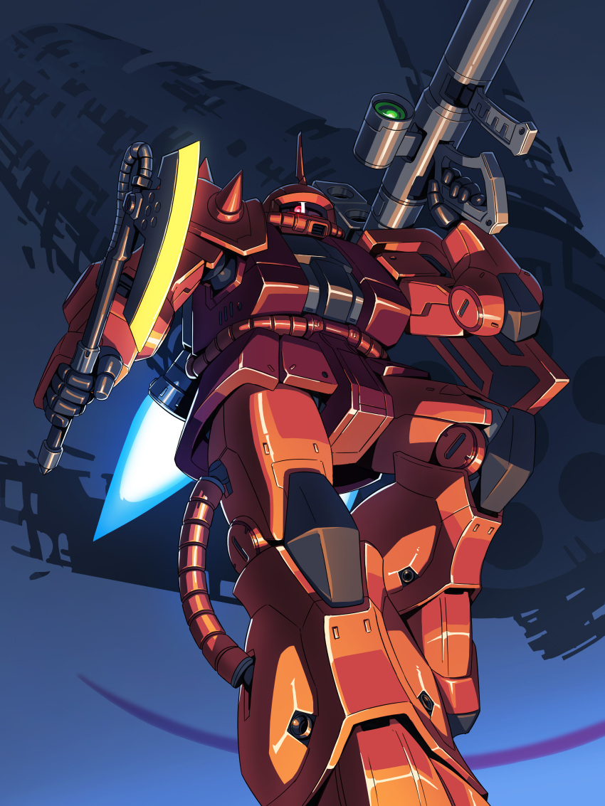 absurdres artofwill axe bazooka_(gundam) dual_wielding from_below gun gundam hand_up heat_hawk highres holding holding_axe holding_weapon horns knee_up looking_at_viewer mecha mobile_suit_gundam no_humans o'neill_cylinder one-eyed red_eyes robot science_fiction shoulder_spikes single_horn solo space_colony spikes thrusters weapon zaku_ii_s_char_custom