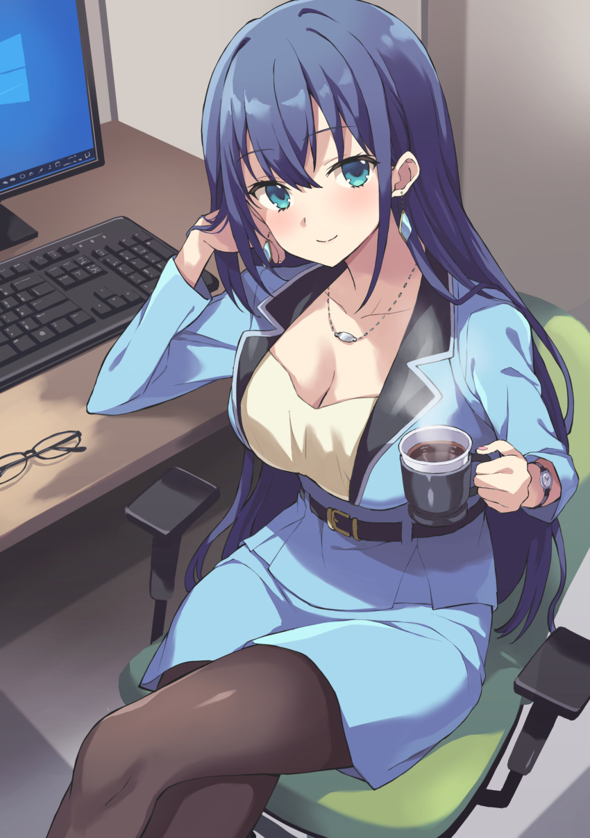 1girl bad_id bad_pixiv_id black_pantyhose blue_hair blue_jacket blue_skirt blush breasts business_suit cleavage coffee_cup collarbone commentary computer cup disposable_cup earrings engage_kiss eyewear_removed formal glasses green_eyes hand_on_own_face highres holding holding_cup jacket jewelry keyboard_(computer) large_breasts long_hair looking_at_viewer monitor necklace pantyhose pencil_skirt rasahan revision skirt smile solo suit watch wristwatch yuugiri_ayano