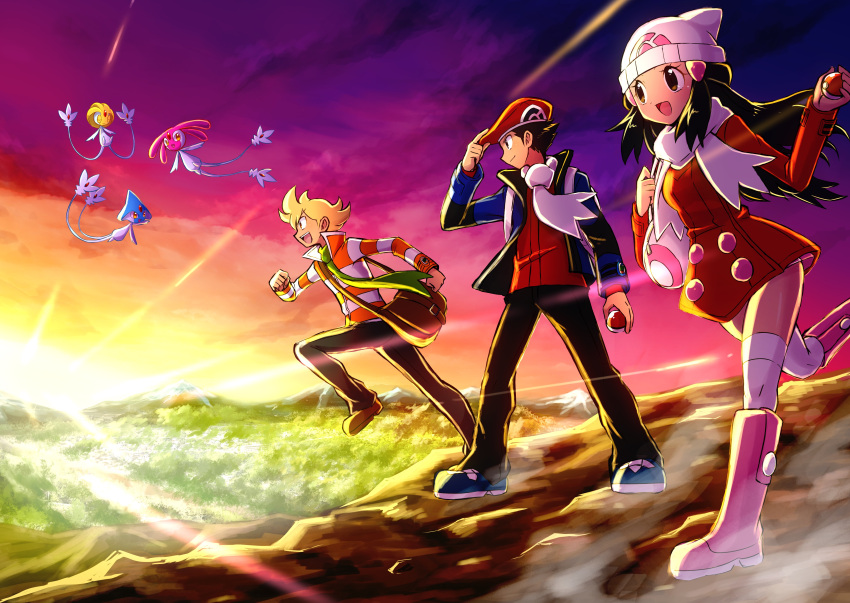 1girl 2boys :d absurdres azelf bag barry_(pokemon) black_hair black_headwear black_pants blonde_hair blue_jacket boots closed_mouth dawn_(pokemon) dress dress_shirt floating_hair hat highres holding holding_poke_ball jacket knee_boots long_hair long_sleeves lucas_(pokemon) mesprit multiple_boys open_clothes open_jacket open_mouth outdoors pants pink_footwear poke_ball poke_ball_print pokemon pokemon_(game) pokemon_dppt print_headwear red_dress red_headwear red_shirt running sawarabi_(sawarabi725) scarf shiny shiny_hair shiny_skin shirt short_dress short_hair smile standing striped striped_shirt thighhighs uxie white_headwear white_scarf white_thighhighs