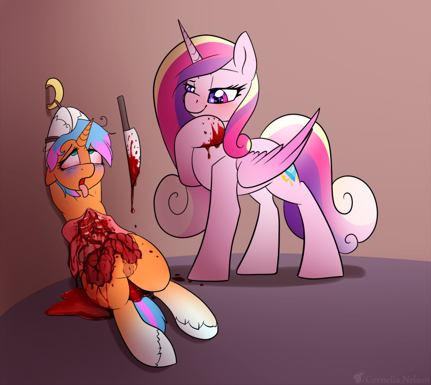 blood blood_on_hand blood_splatter bloodshot_eyes bodily_fluids cornelia_nelson dying equid equine fan_character female female/female feral friendship_is_magic genitals gore guts hasbro hi_res horn horse implied_lesbian implied_snuff killing knife mammal my_little_pony nude organs pony princess_cadance_(mlp) pussy snuff tongue tongue_out torture unicorn unicorn_horn winged_unicorn wings