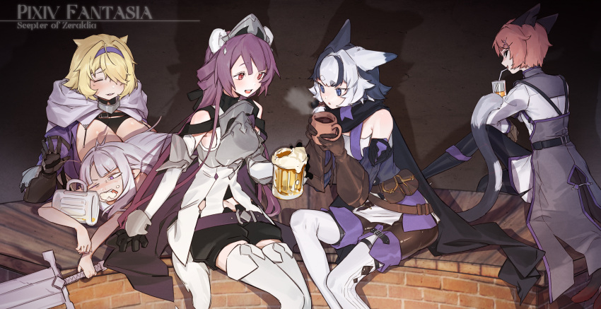 5girls absurdres alcohol animal_ears beer beer_mug black_gloves black_pantyhose blonde_hair blue_eyes blue_hairband breasts brown_hair cat_ears closed_eyes copyright_name cup desiria_(pfsoz) drinking_straw dshk_(pfsoz) gloves grey_hair hair_over_one_eye hairband hannah_hoffman highres holding holding_sword holding_weapon large_breasts lingxia long_sleeves marion_(pfsoz) mug multicolored_hair multiple_girls pantyhose pixiv_fantasia pixiv_fantasia_scepter_of_zeraldia pointy_ears pouch red_eyes short_hair sitting steam sword thighhighs two-tone_hair weapon white_thighhighs