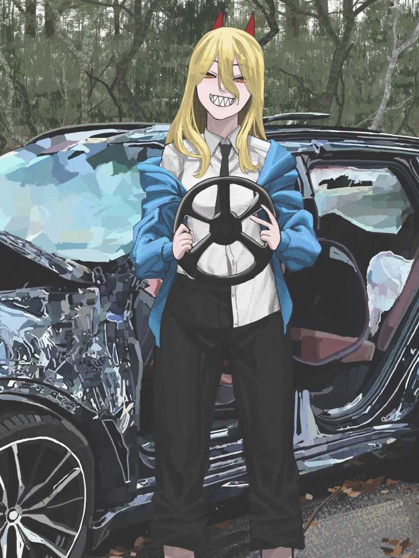 1girl absurdres bangs black_pants blonde_hair blue_jacket breasts brown_eyes car car_crash chainsaw_man collared_shirt cross-shaped_pupils forest ground_vehicle hair_between_eyes highres horns jacket jacket_partially_removed leaf long_hair looking_at_viewer motor_vehicle nature pants power_(chainsaw_man) red_horns sharp_teeth shirt shirt_half_tucked_in small_breasts smile solo standing steering_wheel teeth ton_dokmaiklow tree white_shirt