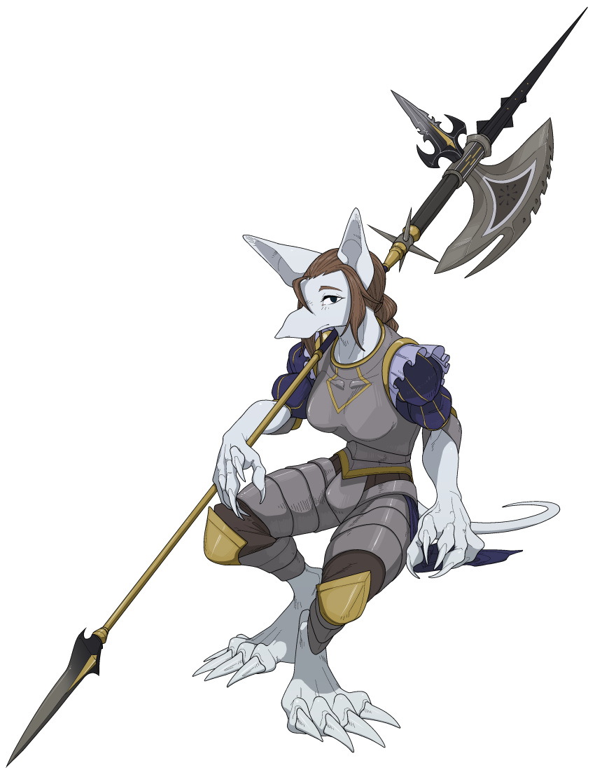 absurd_res anthro armor big_feet big_hands braided_hair braided_ponytail brown_hair burmecian claws feet final_fantasy final_fantasy_ix fur gynomorph hair halberd hi_res intersex mammal melee_weapon polearm quququl rodent ser_ori_tuft sitting solo square_enix toe_claws video_games weapon white_body white_fur