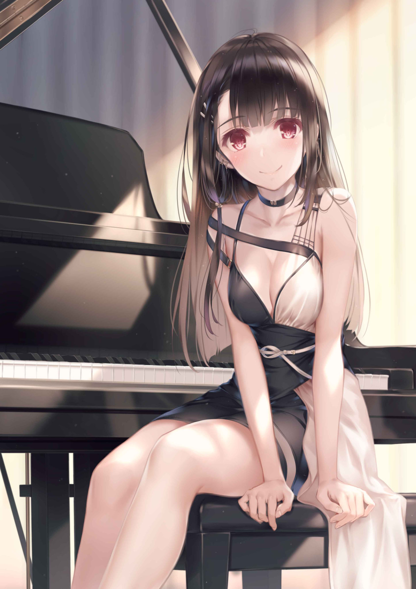 1girl absurdres arm_support bangs black_dress black_hair blush breasts cleavage closed_mouth collarbone commentary_request curtains dress feet_out_of_frame grand_piano highres instrument long_hair medium_breasts misaki_kurehito original piano piano_bench red_eyes second-party_source sitting smile solo thighs two-tone_dress white_dress