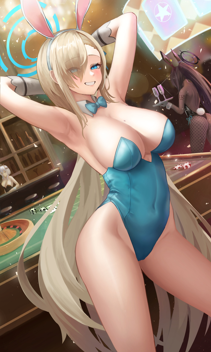 3girls absurdres animal_ears armpits arms_behind_head asuna_(blue_archive) asuna_(bunny)_(blue_archive) asymmetrical_bangs bangs bare_legs black_hair black_leotard blackjack_table blue_archive blue_bow blue_bowtie blue_eyes blue_leotard blurry blurry_background bow bowtie breasts character_request cleavage commentary_request covered_navel cup dark-skinned_female dark_skin detached_collar elbow_gloves eyes_visible_through_hair fake_animal_ears gloves grin hair_over_one_eye halo highleg highleg_leotard highres holding holding_tray jixo_(user_nzhc8728) karin_(blue_archive) karin_(bunny)_(blue_archive) large_breasts leotard light_brown_hair long_bangs long_hair looking_at_viewer mole mole_on_breast multiple_girls official_alternate_costume playboy_bunny ponytail rabbit_ears roulette_table smile table tray white_gloves white_hair