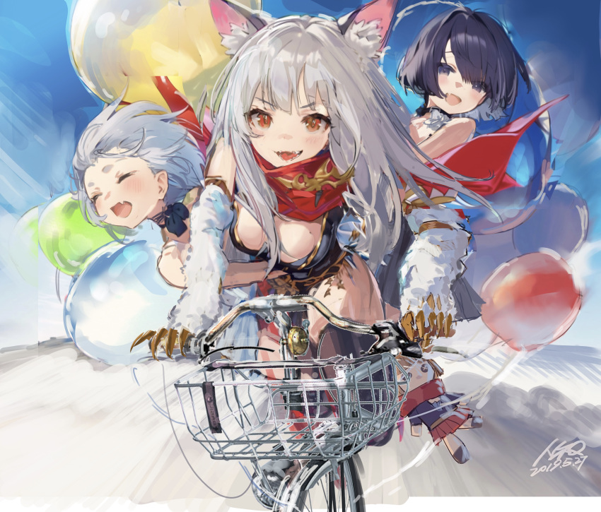 3girls absurdres animal_ears balloon bangs bicycle bicycle_basket black_hair blue_sky breasts cleavage closed_eyes eyebrows_hidden_by_hair grey_hair ground_vehicle highres long_hair looking_at_viewer messikid multiple_girls open_mouth original riding riding_bicycle scarf sky smile sunlight white_hair