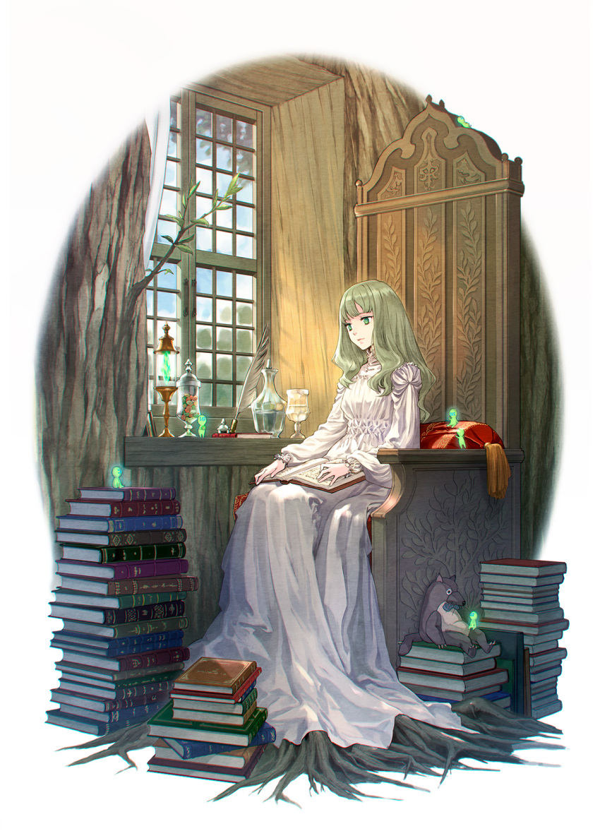 1girl blue_eyes book book_stack chair day dress glass highres indoors light_brown_hair long_hair long_sleeves luce_verde pixiv_fantasia pixiv_fantasia_scepter_of_zeraldia quill roots sankyou sitting solo stuffed_animal stuffed_toy tree white_dress window