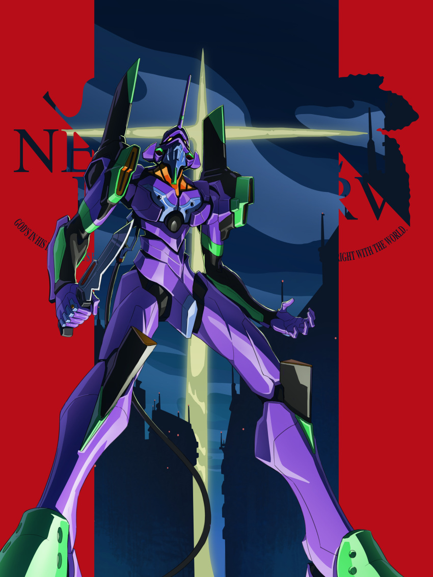 absurdres artofwill building cable city cross eva_01 evangelion_(mecha) from_below highres holding holding_knife holding_weapon horns knife looking_up mecha neon_genesis_evangelion nerv night no_humans open_hand robot science_fiction single_horn solo standing weapon yellow_eyes