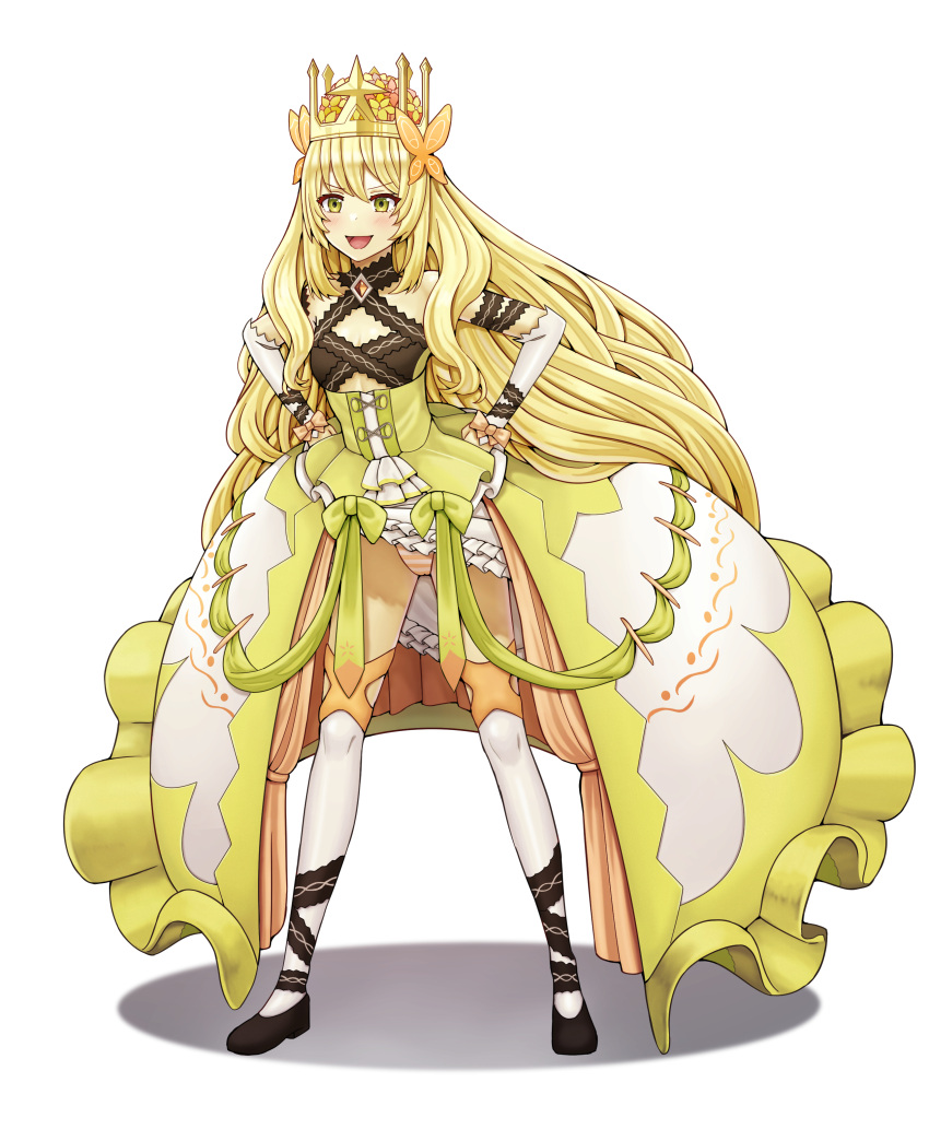 1girl :d absurdres bare_shoulders black_footwear blonde_hair blush butterfly_hair_ornament celine_(fire_emblem) clothes_lift commission crown detached_sleeves dress fire_emblem fire_emblem_engage green_eyes hair_ornament highres layered_dress lifted_by_self long_hair panties pantyshot princess saikunartworks shoes simple_background skirt skirt_lift sleeveless sleeveless_dress smile solo striped striped_panties thighhighs thighs underwear very_long_hair white_background white_thighhighs yellow_dress