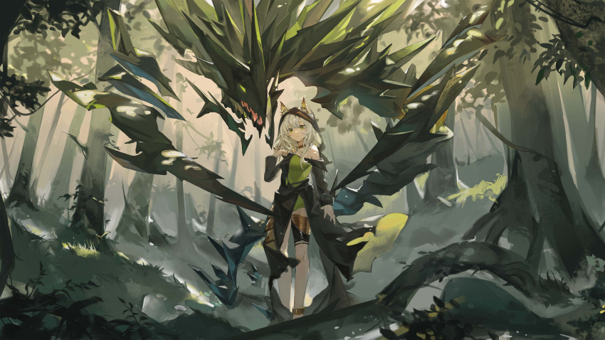 1girl absurdres animal_ears anklet arknights bangs bare_shoulders black_dress cat_ears closed_mouth day dress dutch_angle forest full_body green_dress green_eyes grey_hair highres hood jewelry kal'tsit_(arknights) layered_dress long_sleeves looking_at_viewer mon3tr_(arknights) monster nature outdoors reset short_dress short_hair solo standing thighlet two-tone_dress