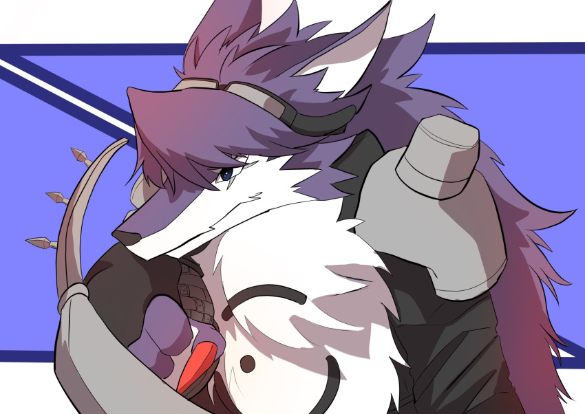 anthro appmon_(species) armor bandai_namco canid canine canis claws colored_nails digimon digimon_(species) eyewear fluffy_chest fur goggles hair hi_res long_hair male mammal nails purple_body purple_fur shutmon solo wolf zunaha