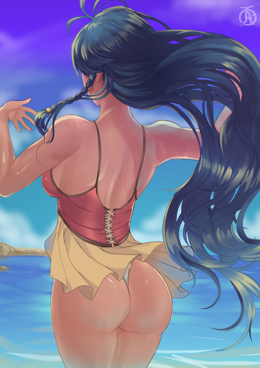 1girl artist_name ass back bare_shoulders blue_eyes blue_hair braid breasts commentary cowboy_shot english_commentary fire_emblem fire_emblem:_the_sacred_stones fire_emblem_heroes highres long_hair looking_away medium_breasts ocean official_alternate_costume one-piece_swimsuit partially_submerged ponytail revolverwing sideboob sleeveless solo swimsuit tana_(fire_emblem) thong very_long_hair