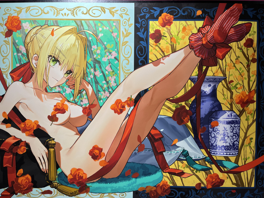 absurdres architecture blonde_hair cherry_blossoms fate/extra fate/extra_ccc fate/grand_order fate_(series) feet floral_background flower greco-roman_architecture green_eyes highres looking_at_viewer nero_claudius_(fate) nero_claudius_(fate/extra) non-web_source official_art red_ribbon ribbon smile wada_arco