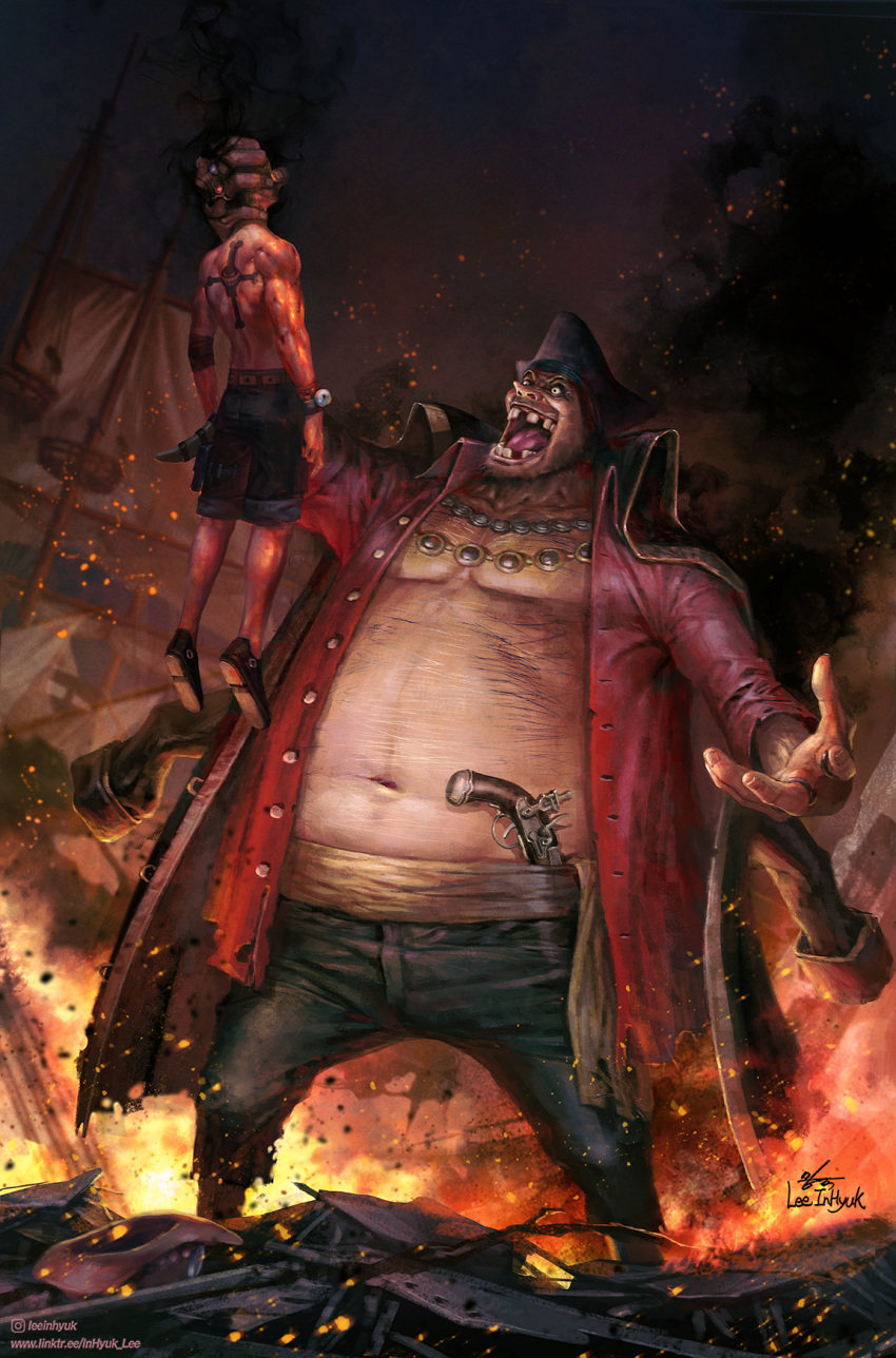 2boys antique_firearm artist_name back back_tattoo bandana bare_pectorals beard buttons chest_hair coat coat_on_shoulders collarbone collared_shirt crazy_eyes crazy_smile darkness defeat denim evil_smile facial_hair fat fat_man fire grabbing gun hanging hat head_grab height_difference highres in-hyuk_lee jeans jewelry legs_apart long_nose long_sleeves looking_at_another male_focus marshall_d._teach missing_teeth multiple_boys navel night obese one_piece open_clothes open_mouth open_shirt outdoors pants pectorals pirate portgas_d._ace ring rubble shirt shoes shorts signature smile standing stomach tattoo toned toned_male topless_male ugly_man unbuttoned v-shaped_eyebrows weapon wide-eyed wing_collar
