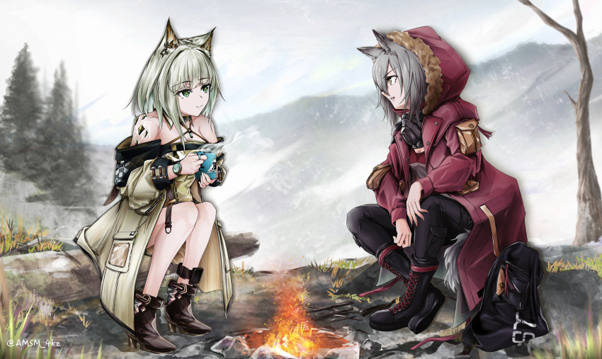 2girls :d animal_ear_fluff animal_ears arknights bag bangs bare_shoulders bare_tree black_choker black_footwear black_pants boots campfire choker cloud cloudy_sky commentary_request criss-cross_halter cross-laced_footwear cup fire from_side fur-trimmed_jacket fur_trim grass green_eyes grey_hair grey_jacket halterneck high_heel_boots high_heels highres hood hooded_jacket jacket jewelry kal'tsit_(arknights) lace-up_boots lantern long_sleeves looking_at_another multiple_girls off-shoulder_jacket off_shoulder open_mouth oripathy_lesion_(arknights) outdoors pants profile projekt_red_(arknights) red_jacket rhodes_island_logo ring short_hair sitting sky smile steam tail tree watch wolf_ears wolf_tail wristwatch yellow_eyes yokaze_(yokajie)