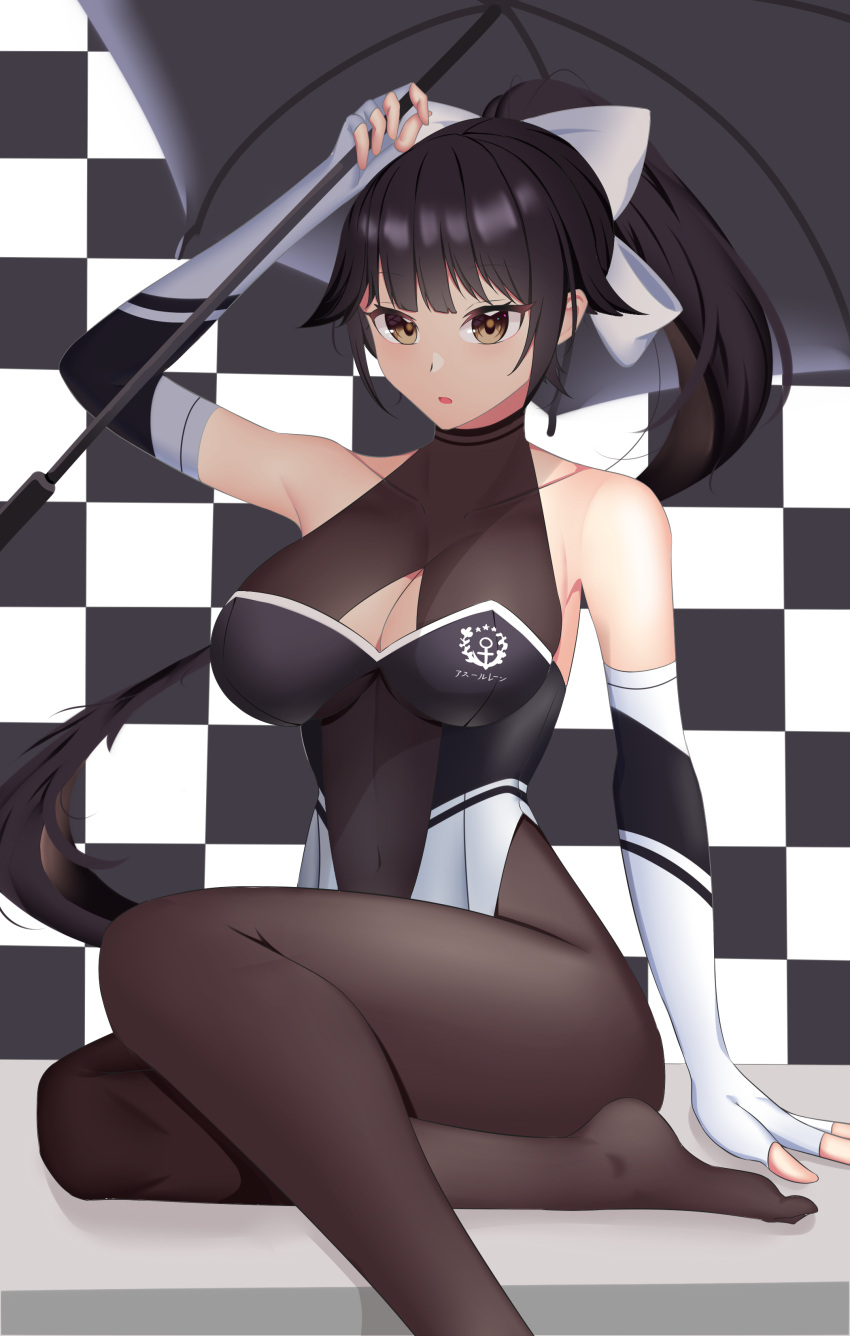 1girl absurdres alternate_breast_size azur_lane bare_shoulders black_hair black_pantyhose bodystocking bow breasts brown_eyes checkered_background cleavage_cutout clothing_cutout elbow_gloves extra_ears feet_out_of_frame gloves hair_flaps highres large_breasts long_hair looking_at_viewer navel_cutout pantyhose ponytail race_queen rxsilence solo takao_(azur_lane) takao_(full_throttle_charmer)_(azur_lane) umbrella white_bow white_gloves