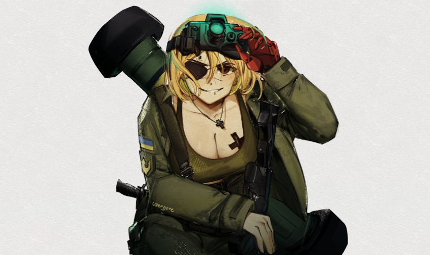 1girl artist_name assault_rifle bangs big_boss blonde_hair breasts brown_eyes cleavage cross cross_necklace eyepatch fgm-148_javelin green_tank_top gun hair_between_eyes handgun jewelry large_breasts looking_at_viewer marichka mechanical_arms metal_gear_(series) military military_jacket military_uniform necklace night_vision_device parody rifle scar scar_on_face single_mechanical_arm smirk solo tank_top ukrainian_flag uniform usergore weapon