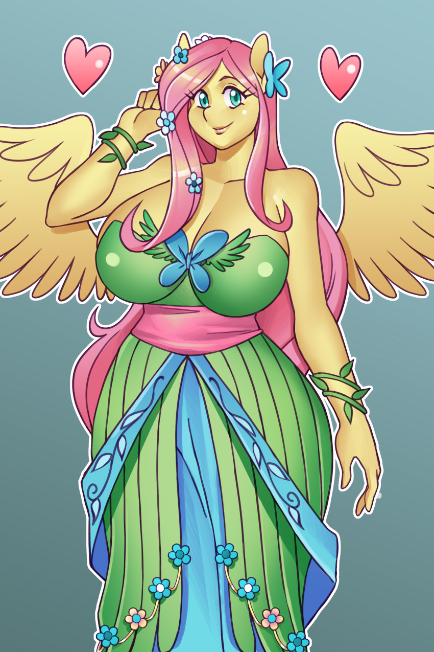 &lt;3 2:3 absurd_res anthro big_breasts breasts butterfly_(accessory) cleavage clothed clothing dress equid equine female fluttershy_(mlp) friendship_is_magic hasbro hi_res huge_breasts looking_at_viewer mammal my_little_pony nauth pegasus solo spread_wings wide_hips wings