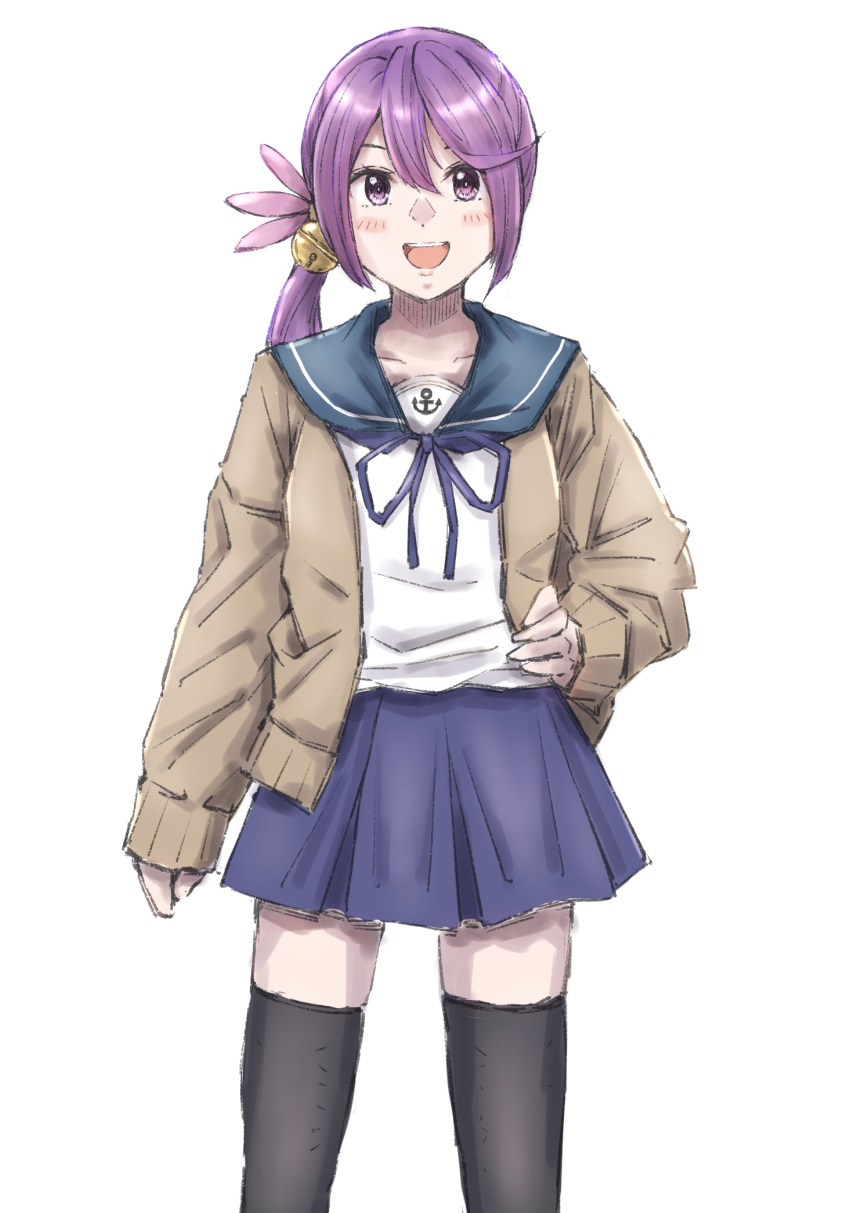 1girl adapted_costume akebono_(kancolle) akebono_kai_(kancolle) anchor_ornament bell black_thighhighs blue_sailor_collar blue_skirt brown_cardigan cardigan flower hair_bell hair_flower hair_ornament highres jingle_bell kantai_collection ld_(luna_dial398) long_hair open_cardigan open_clothes pleated_skirt purple_eyes purple_hair sailor_collar school_uniform serafuku side_ponytail simple_background skirt solo thighhighs very_long_hair white_background