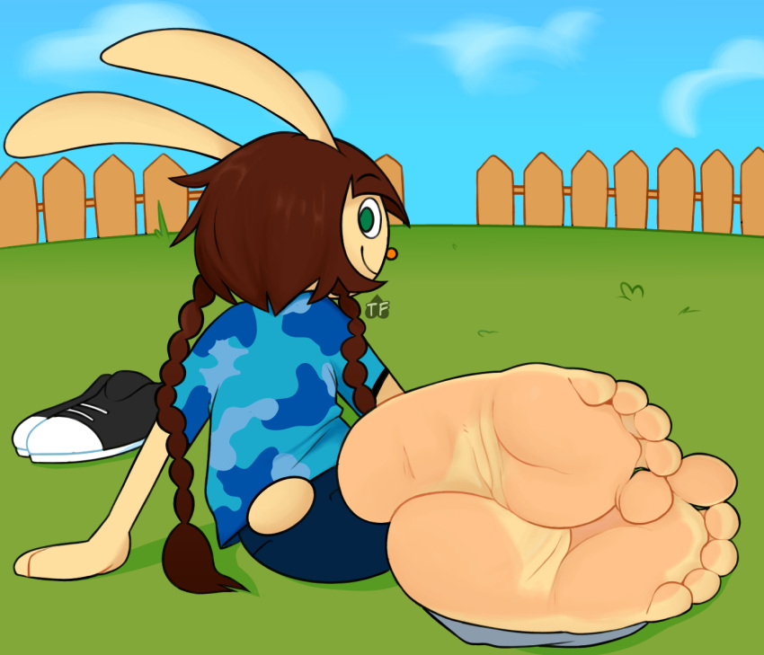 2022 5_toes anthro artist_logo barefoot bemani big_feet blue_sky blush body_blush bottomwear braided_hair brown_hair butt camo camo_clothing camo_print closed_smile clothed clothing clothing_aside cloud denim denim_clothing digital_media_(artwork) eyebrow_through_hair eyebrows feet female fence foot_blush foot_fetish foot_focus footwear fur grass green_eyes hair hi_res huge_feet humanoid_feet jeans konami lagomorph leporid logo long_ears long_hair looking_at_viewer looking_back mammal mimi_(pop'n_music) no_shoes orange_nose outside pants pattern_clothing plant pop'n_music rabbit raised_eyebrow round_nose shirt shoes shoes_removed short_sleeves sitting sky smile smiling_at_viewer socks_removed soles solo tan_body tan_fur tan_skin teasing thick_feet toe_curl toe_scrunch toes topwear translucent translucent_hair twistedfurby video_games wrinkled_feet wrinkled_soles