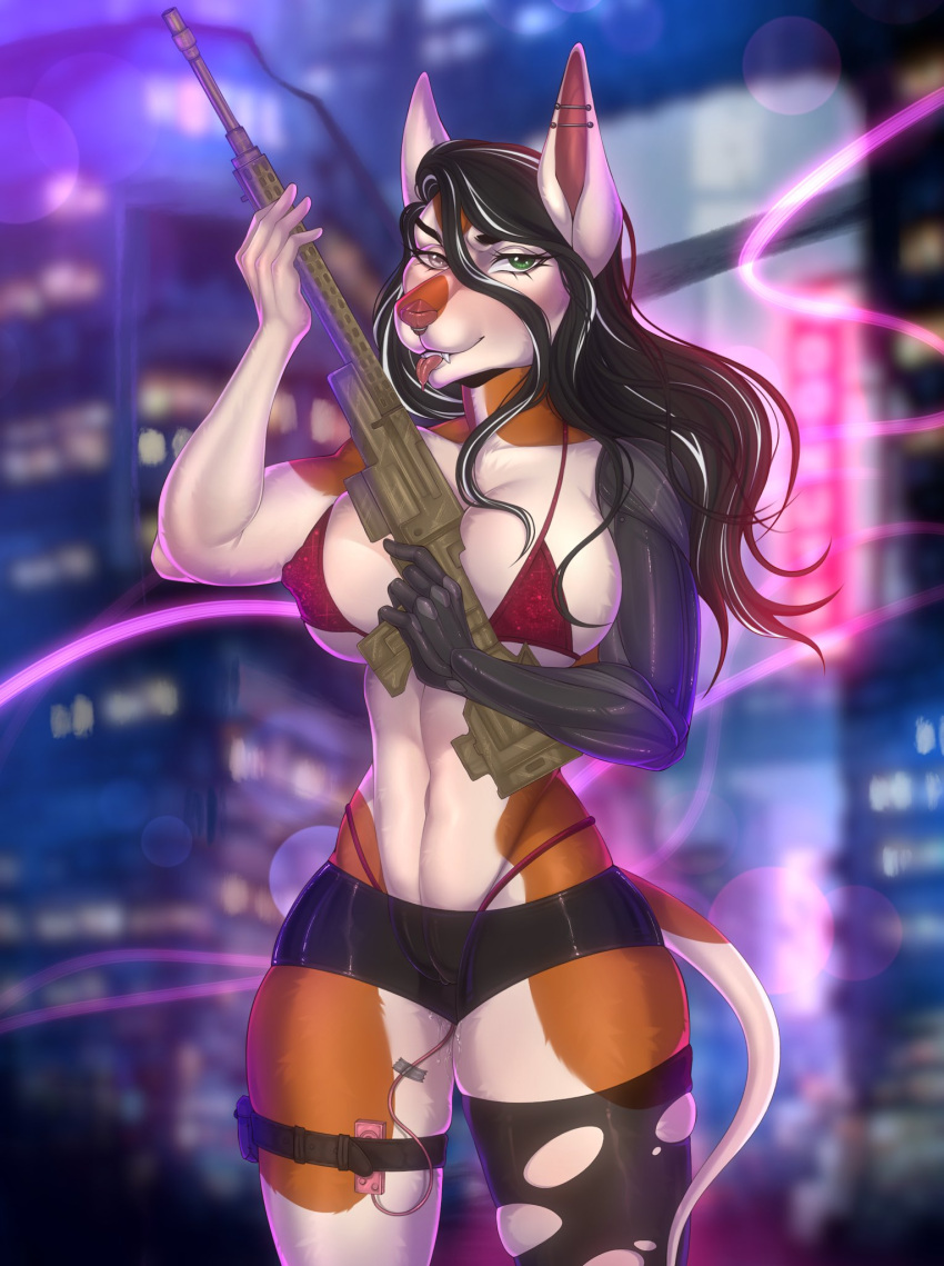 anthro barbell_piercing big_breasts black_bottomwear black_clothing black_hair black_legwear bodily_fluids bottomwear bra breasts camel_toe clitoris_outline clothed clothing ear_piercing eyelashes facial_piercing female front_view fur genital_fluids green_eyes grey_eyes hair heterochromia hi_res holding_object holding_weapon industrial_ladder_piercing industrial_piercing legwear looking_at_viewer multicolored_hair narrowed_eyes navel nipple_outline nose_piercing nose_ring orange_body orange_fur piercing portrait pussy_juice red_bra red_clothing red_nose red_tongue red_underwear ring_piercing septum_piercing septum_ring skimpy smogville solo species_request standing three-quarter_portrait tight_bottomwear tight_clothing tongue tongue_out torn_clothing torn_legwear two_tone_hair underwear weapon white_body white_fur white_hair