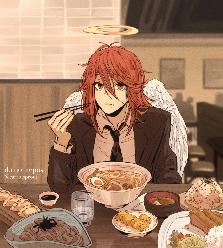 1boy angel angel_devil_(chainsaw_man) angel_wings bangs black_jacket black_necktie bowl carrotsprout chainsaw_man chewing chopsticks collared_shirt crumbs cup dumpling feathered_wings food hair_between_eyes halo highres holding holding_chopsticks jacket jiaozi long_hair looking_at_viewer messy_hair necktie noodles orange_eyes orange_hair ramen restaurant rice salad shirt soba solo soy_sauce twitter_username white_shirt white_wings wings