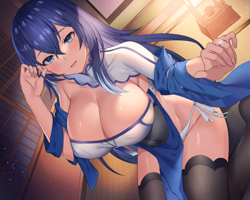 1girl absurdres bangs black_thighhighs blue_eyes breasts cleavage collarbone commentary_request commission covered_navel crossed_bangs dp-12_(girls'_frontline) dress girls'_frontline hand_in_own_hair highres indoors jewelry lantern large_breasts looking_at_viewer mizore_syrup multicolored_clothes on_floor open_mouth panties pelvic_curtain purple_hair ring side-tie_panties sitting skeb_commission smile solo thighhighs underwear wariza white_dress white_panties