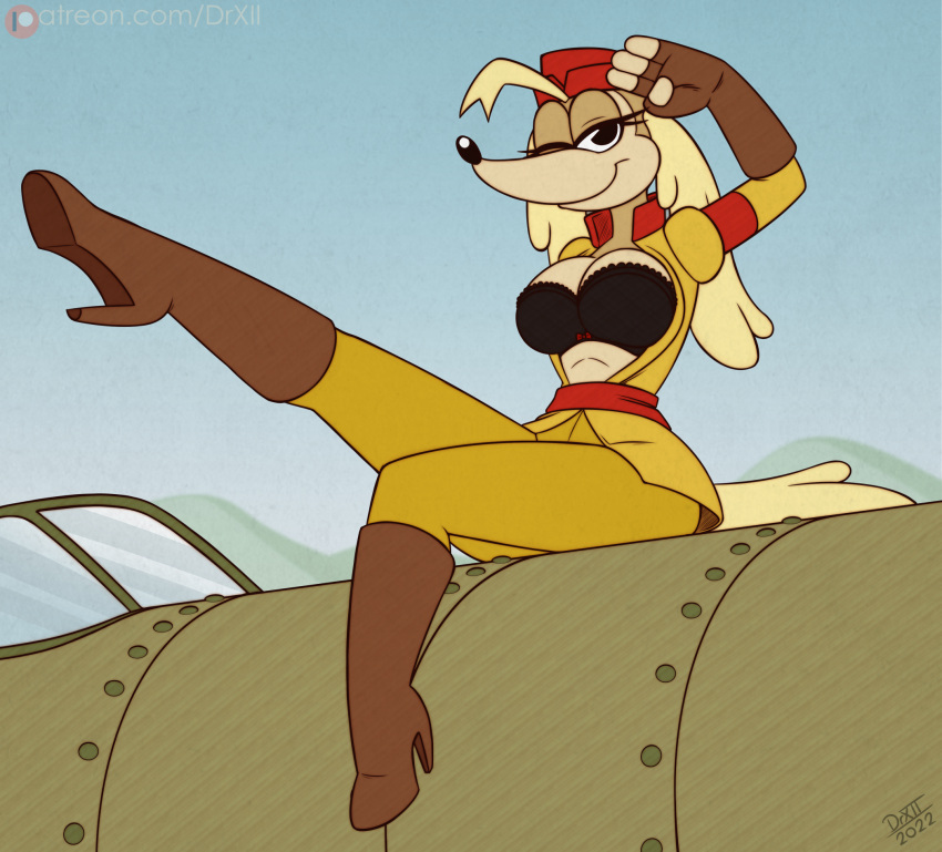 aircraft airplane anthro big_breasts blonde_hair bra breasts canid canine canis clothed clothing cuphead_(game) digital_media_(artwork) domestic_dog drxii female fur gesture hair handwear hat headgear headwear hi_res hunting_dog looking_at_viewer mammal one_eye_closed open_clothing open_shirt open_topwear pilot_saluki_(cuphead) pinup pose saluki salute shirt sighthound smile solo topwear underwear video_games wink