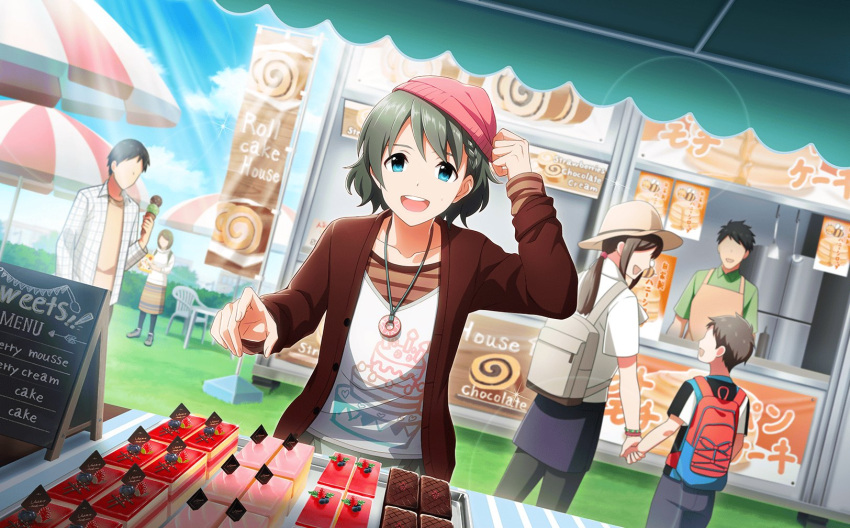 2girls 4boys armlet backpack bag blue_eyes blue_sky bracelet braid cake cloud fingernails food grass hat highres holding_hands ice_cream idolmaster idolmaster_side-m idolmaster_side-m_live_on_stage! jewelry long_sleeves male_child mother_and_son multiple_boys multiple_girls necklace official_art open_mouth sky smile teeth upper_teeth uzuki_makio