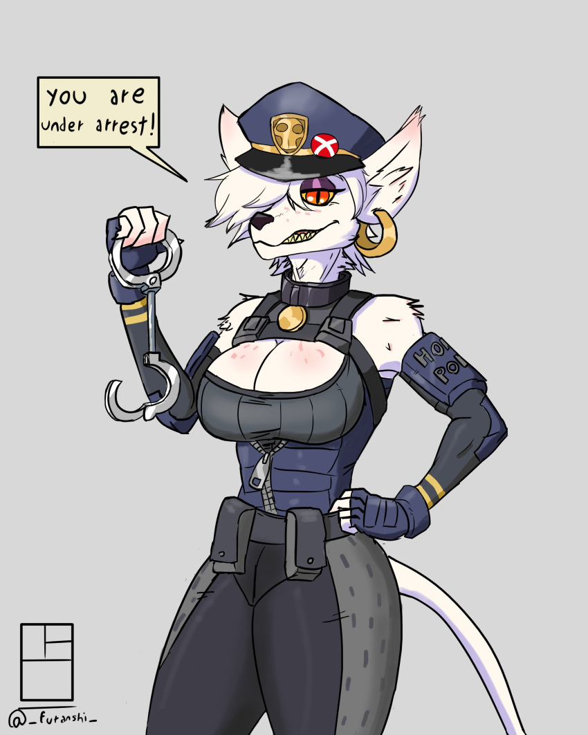 2022 4:5 absurd_res anthro breasts clothed clothing cuff_(restraint) ear_piercing ear_ring english_text female fur furanshi hat headgear headwear hi_res mammal murid murine officer_flint_(foretbwat) piercing rat restraints ring_piercing rodent signature simple_background solo text text_box white_body white_fur