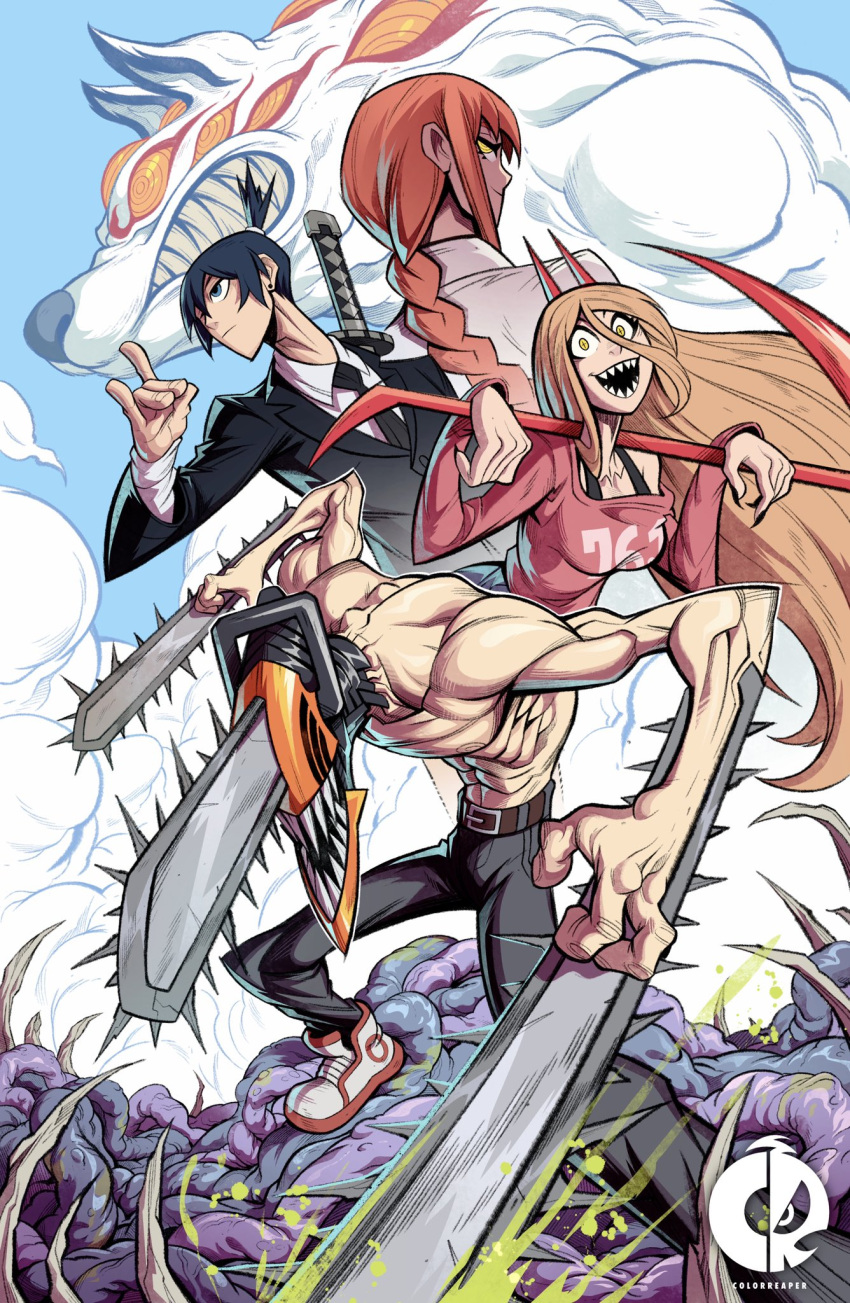 1girl 2boys black_hair black_jacket black_necktie blonde_hair blue_sky braid braided_ponytail breasts chainsaw chainsaw_man cloud collared_shirt denji_(chainsaw_man) earrings extra_eyes formal fox_devil_(chainsaw_man) fox_shadow_puppet hair_between_eyes hayakawa_aki highres holding holding_scythe horns intestines jacket jewelry katana kevin_shah long_hair looking_afar looking_at_viewer looking_back makima_(chainsaw_man) medium_breasts multiple_boys muscular muscular_male necktie no_eyes off_shoulder on_shoulder open_mouth organs pink_sweater power power_(chainsaw_man) procreate_(medium) red_hair red_horns ribs ringed_eyes scythe sharp_teeth shirt short_hair sidelocks sky smile stud_earrings stylized_blood suit sweater sword teeth topknot weapon weapon_on_back white_shirt yellow_eyes