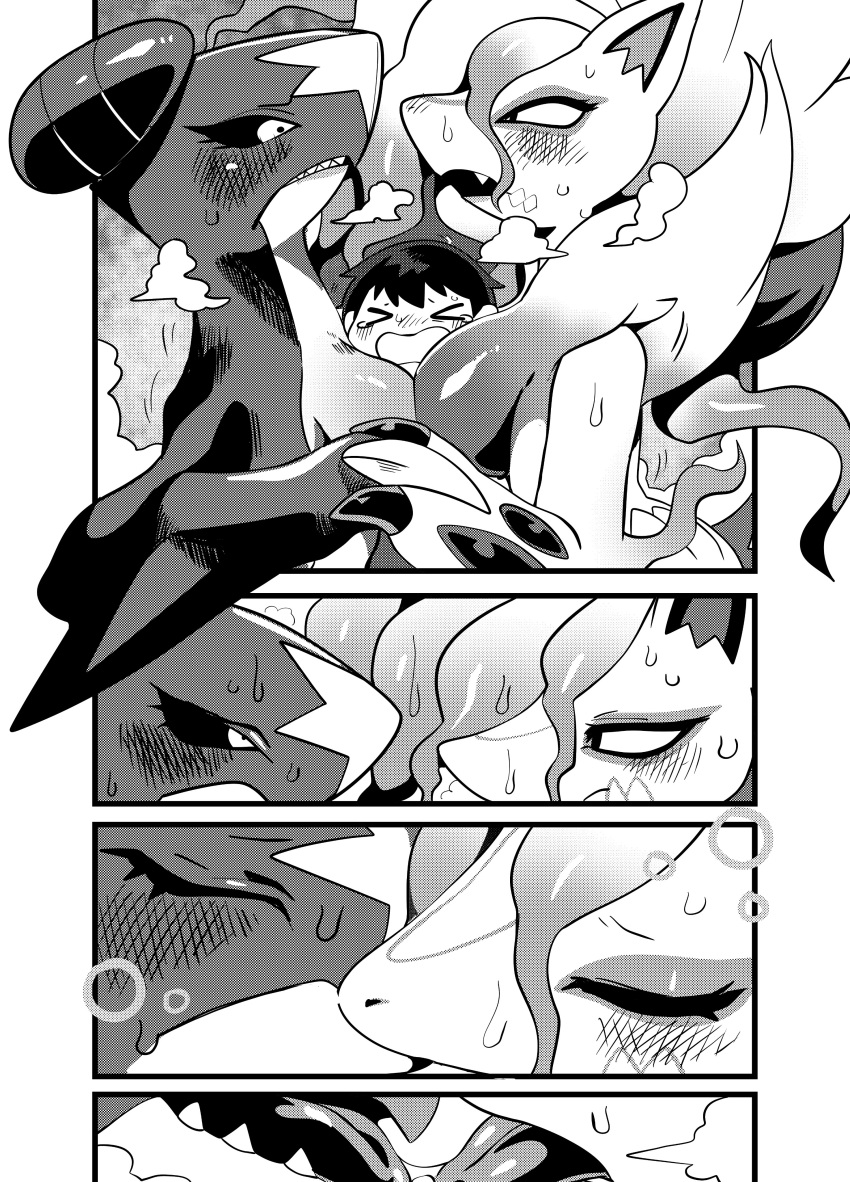 &gt;_&lt; 2022 absurd_res black_and_white blush bodily_fluids breast_squish breasts breasts_frottage canid canine comic eyes_closed female female/female fish fox french_kissing from_side garchomp generation_4_pokemon group hand_holding hi_res hisuian_form hisuian_zoroark human kissing looking_at_another looking_pleasured male male/female mammal marine monochrome nintendo oposa pokemon pokemon_(species) regional_form_(pokemon) screentone shark sharp_teeth squish steam sweat teeth trio upper_body video_games