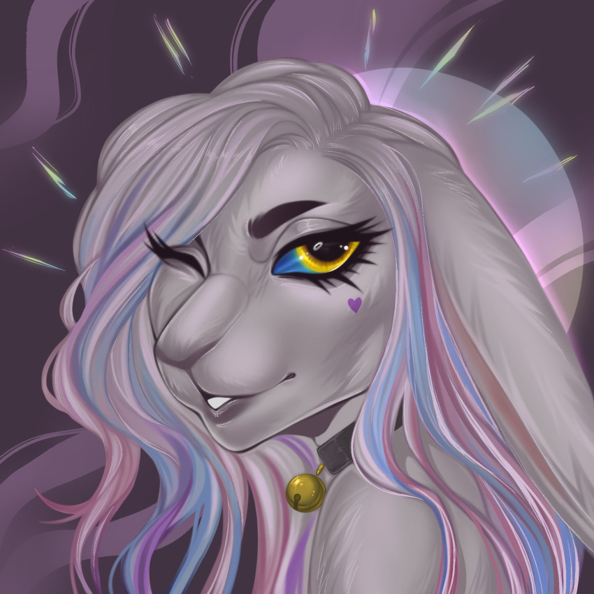 1:1 abstract_background anthro bell bell_collar black_collar blue_hair blue_sclera bust_portrait collar eyelashes female fur grey_body grey_ears grey_fur grey_hair hair hi_res lagomorph leporid long_ears looking_at_viewer mammal multicolored_hair one_eye_closed pink_hair portrait rabbit simple_background smogville solo unsigned yellow_eyes