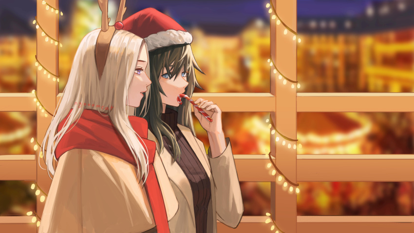 2girls absurdres antlers bangs black_sweater blue_eyes blurry blurry_background brown_hair brown_hairband byleth_(fire_emblem) byleth_(fire_emblem)_(female) christmas edelgard_von_hresvelg fake_antlers fire_emblem fire_emblem:_three_houses food fur-trimmed_headwear grey_eyes hair_between_eyes hairband hat highres holding holding_food long_hair long_sleeves multiple_girls nyoomcat parted_lips profile red_headwear red_scarf reindeer_antlers ribbed_sweater santa_hat scarf shiny shiny_hair sweater upper_body white_hair