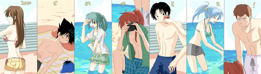 ! 3girls 4boys beach bikini black_hair blue_hair botan_(yu_yu_hakusho) botan_(yuu_yuu_hakusho) brown_hair camera can eyes_closed female green_hair hiei highres kappougi kurama kuwabara_kazuma kuwabara_shizuru long_hair long_image lying male miniskirt multiple_boys multiple_girls open_mouth orange_hair ponytail red_hair sand shirt short_hair shorts side_ponytail skirt swimsuit urameshi_yusuke water white_shirt wide_image yu_yu_hakusho yukina_(yu_yu_hakusho) yuu_yuu_hakusho