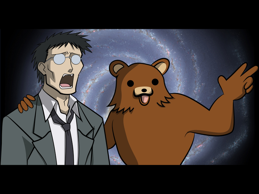 1boy 4chan azumanga_daiou formal galaxy hand_on_shoulder highres kimura meme necktie opaque_glasses open_mouth pedobear suit vector vector_trace wallpaper