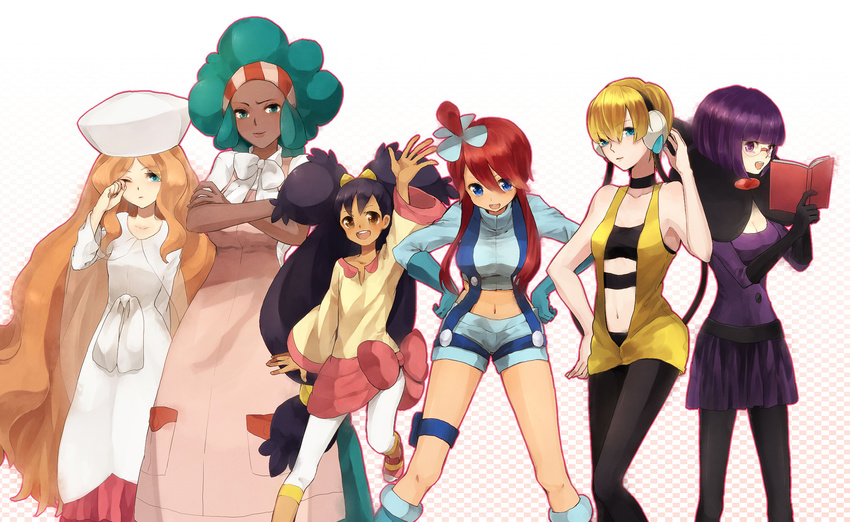 :d afro age_difference aloe_(pokemon) aqua_eyes aqua_hair arm_up bangs bare_shoulders big_hair black_hair black_legwear blonde_hair blue_eyes blush bob_cut book boots bow bowtie breasts brown_eyes buttons cable cape cattleya_(pokemon) checkered checkered_background choker cleavage crop_top crossed_arms dark_skin dress elbow_gloves elite_four flat_chest fuuro_(pokemon) glasses gloves gradient gradient_background gym_leader hair_between_eyes hair_ornament hairband hands_on_hips hat headphones high_collar high_ponytail highres holding holster iris_(pokemon) kamitsure_(pokemon) knee_boots kurosujuu leaning_forward leg_lift light_smile lineup long_dress long_hair long_sleeves looking_at_viewer low-tied_long_hair midriff multiple_girls navel navel_cutout one_eye_closed one_side_up open_mouth orange_hair pantyhose parted_bangs pink_sash pokemon pokemon_(game) pokemon_bw purple_eyes purple_hair purple_skirt red_hair sash see-through shikimi_(pokemon) short_dress short_hair short_shorts short_twintails shorts sidelocks simple_background skirt sleepy sleeveless sleeveless_dress small_breasts smile spread_legs standing striped suspenders thigh_holster thigh_strap turtleneck twintails two_side_up very_dark_skin very_long_hair waving wavy_hair wide_hips wide_sleeves