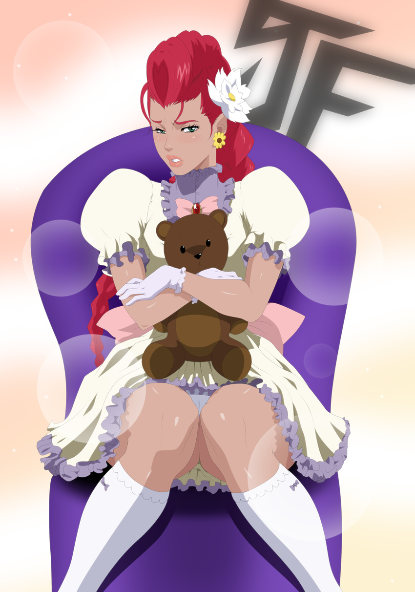 absurdres blush braid capcom crimson_viper dark_skin dress flower gloves green_eyes hair_flower hair_ornament highres lips red_hair single_braid sitting stiky_finkaz street_fighter street_fighter_iv stuffed_animal stuffed_toy teddy_bear watermark