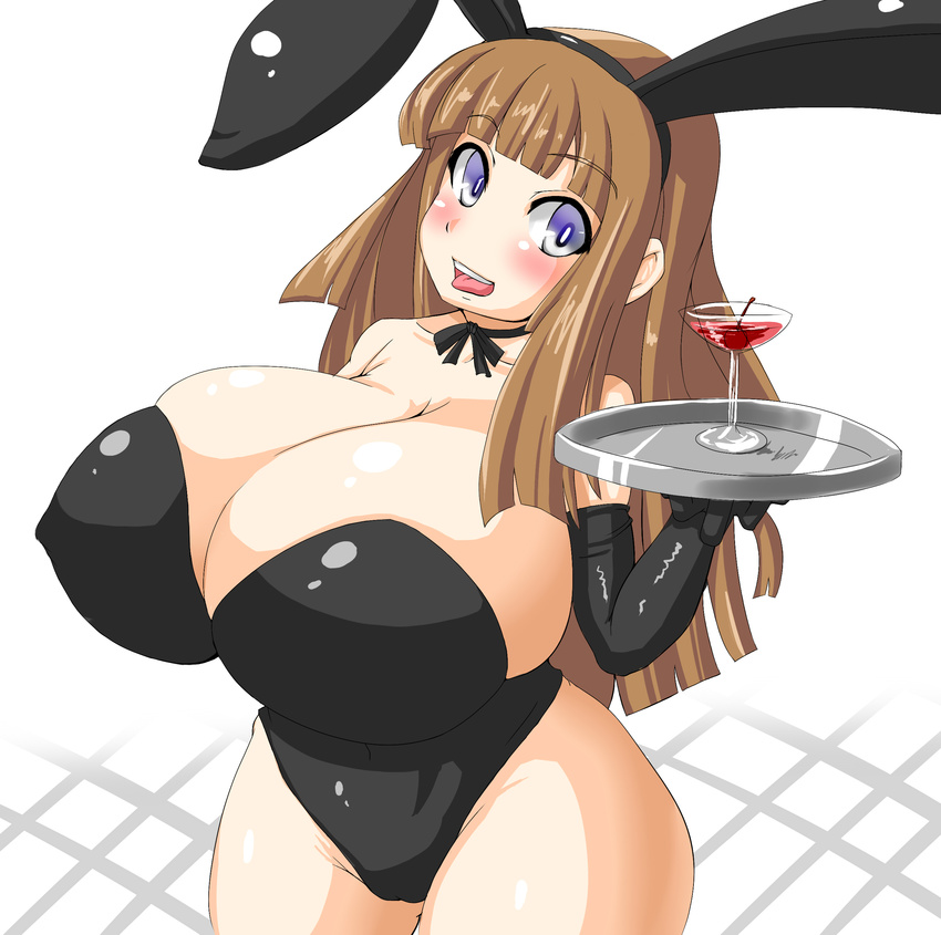 absurdres animal_ears blush breasts brown_hair bunny_ears bunny_girl bunny_suit bunnysuit cherry choker cleavage collar curvy erect_nipples food fruit gigantic_breasts gloves highres hips huge_breasts martini open_mouth tongue tray umigaras umigarasu_(magipro) wide_hips