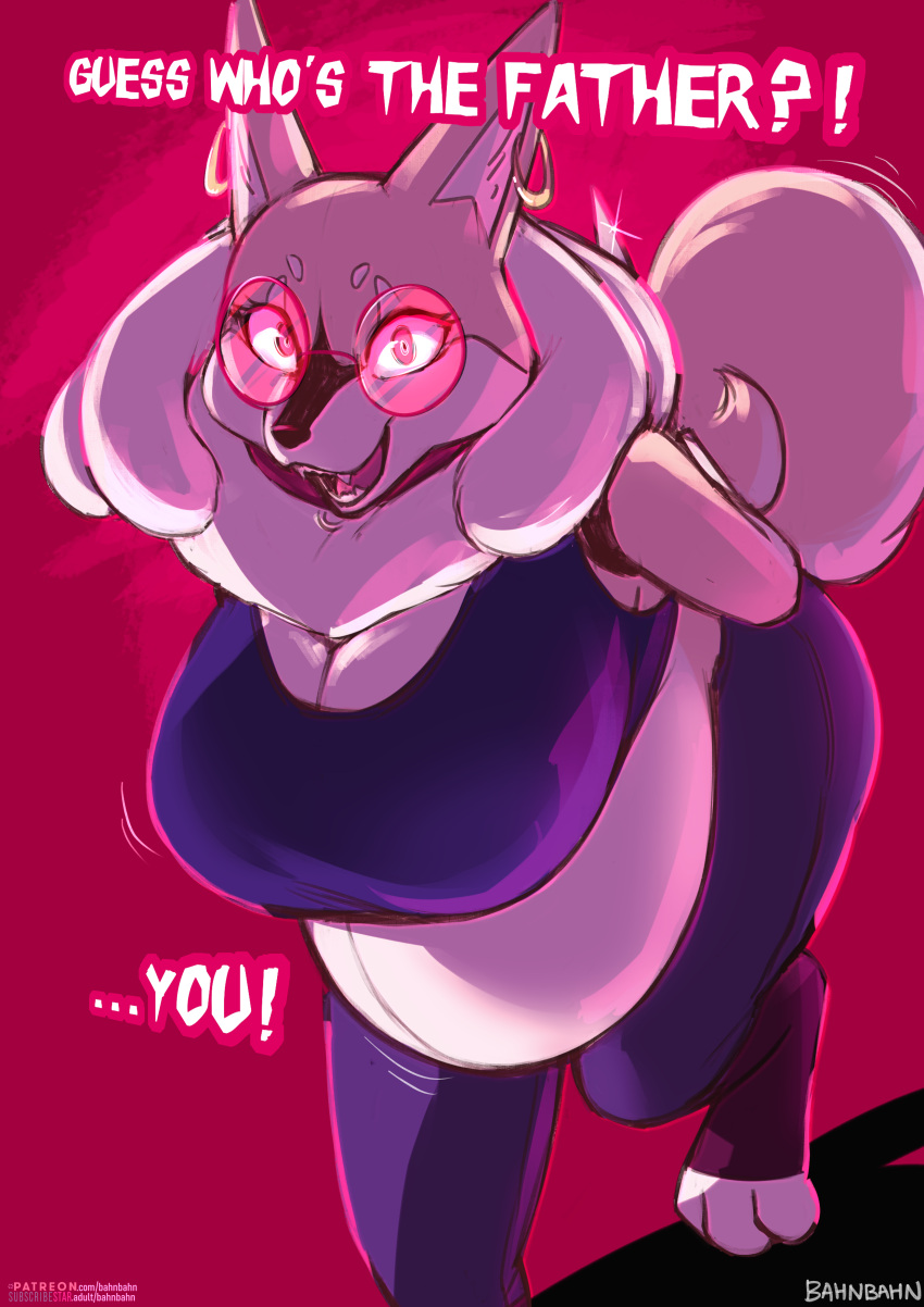 2022 3_toes absurd_res anthro artist_name bahnbahn_(artist) belly big_belly big_breasts breasts canid canine canis cleavage clothed clothing doggette_(bahnbahn) domestic_dog ear_piercing english_text eyebrows eyewear feet female fur generation_4_pokemon glasses hands_behind_back hi_res huge_breasts hybrid leaning leggings legwear looking_at_viewer lucario mammal midriff motion_lines multicolored_body multicolored_fur nintendo open_mouth piercing pokemon pokemon_(species) pregnant shiba_inu solo spitz tan_body tan_fur text toes topwear url video_games white_body white_fur