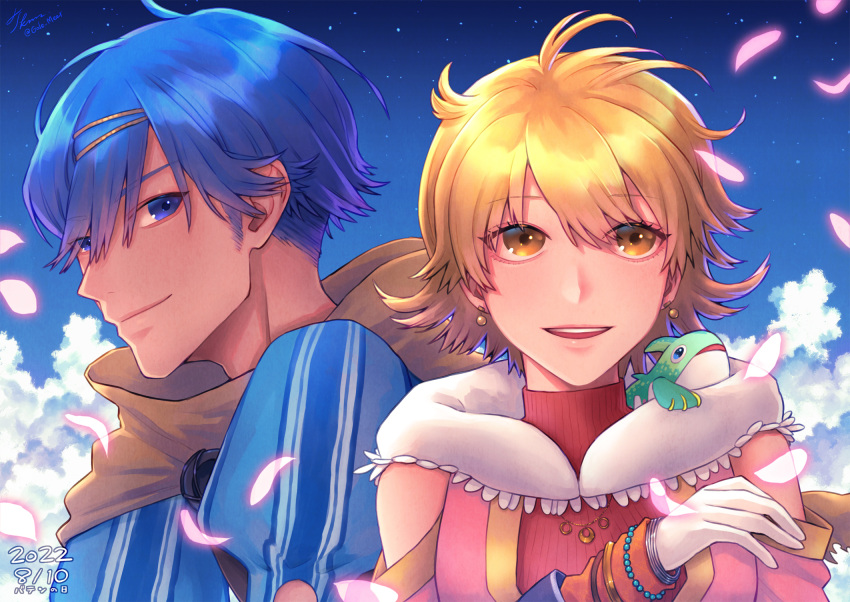 1boy 1girl baten_kaitos bead_bracelet beads blonde_hair blue_eyes blue_hair bracelet cloud dated day detached_sleeves earrings hair_between_eyes hand_up highres jewelry kalas_(baten_kaitos) looking_at_viewer outdoors petals scarf short_hair takamasa_(sippuukai) upper_body xelha_(baten_kaitos) yellow_eyes