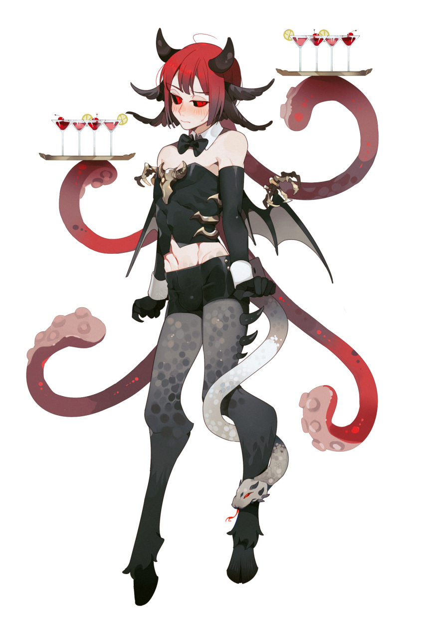 1boy ahoge animal_feet black_bow black_bowtie black_gloves black_horns black_sclera black_shirt black_shorts black_wings blush bow bowtie chinese_commentary claws closed_mouth collar colored_sclera crop_top crossdressing cup demon_boy demon_horns demon_wings detached_collar drink drinking_glass elbow_gloves embarrassed full_body gloves grey_scales grey_tail groin head_fins highres holding holding_tray hooves horns long_hair looking_at_viewer male_focus midriff monster_boy original red_eyes red_hair scales shirt shorts simple_background skin_tight snake_tail solo somalia strapless suction_cups tail tail_around_leg tentacle_hair tray white_background white_collar white_wrist_cuffs wine_glass wings wrist_cuffs