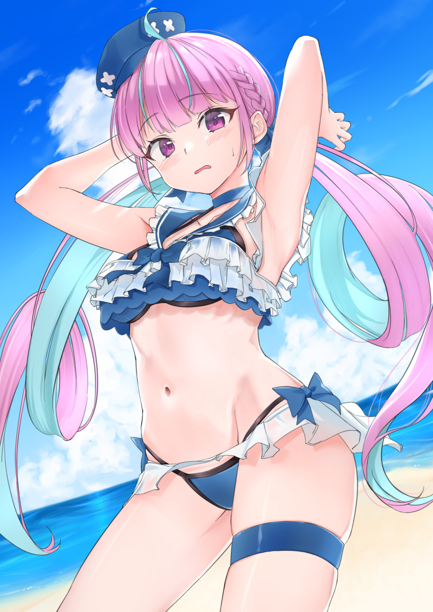 1girl ahoge alternate_costume armpits arms_up bangs beach bikini blue_hair blue_headwear blue_sailor_collar blue_sky blunt_bangs blush braid breasts cleavage colored_inner_hair commentary contrapposto drill_hair dutch_angle french_braid frilled_bikini frills groin highleg highleg_bikini highres hololive long_hair looking_at_viewer medium_breasts minato_aqua motoraku multicolored_hair ocean purple_eyes purple_hair sailor_bikini sailor_collar sidelocks sky solo streaked_hair sweat swimsuit thigh_strap twin_braids twin_drills twintails two-tone_hair virtual_youtuber