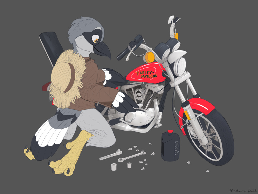 2022 4:3 absurd_res anthro avian bird claws clothed clothing digital_media_(artwork) feathers harley_davidson hat headgear headlights headwear hi_res jacket leather leather_clothing leather_jacket leather_topwear machine male miramore mockingbird motorcycle signature simple_background smile socket_wrench solo straw_hat tail_feathers tools topwear vehicle wheel winged_arms wings wrench