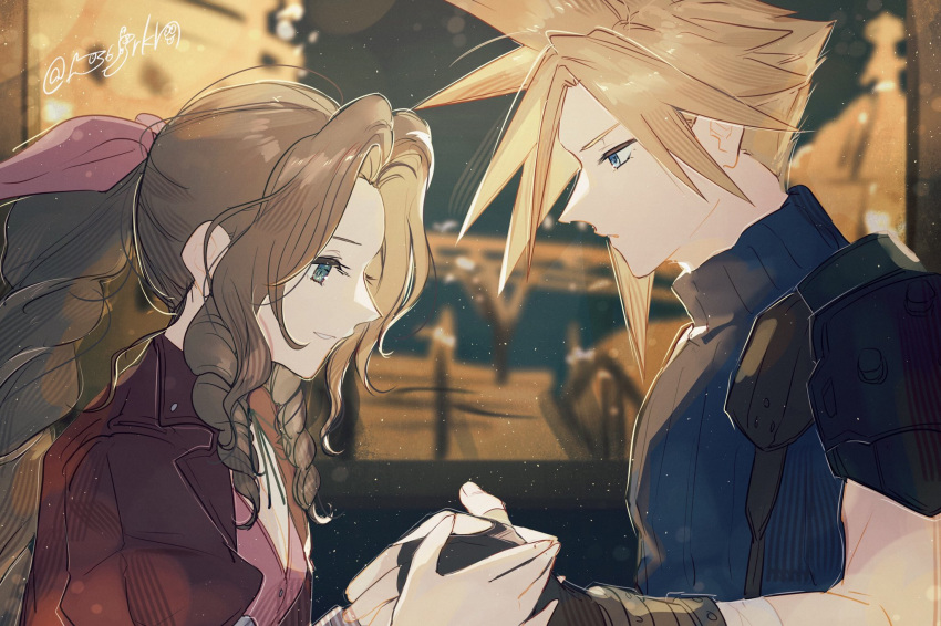 1boy 1girl aerith_gainsborough armor bandaged_arm bandages bangle bangs black_gloves blonde_hair blue_eyes blue_shirt bracelet braid braided_ponytail breasts brown_hair choker cloud_strife dress final_fantasy final_fantasy_vii gloves green_eyes hair_ribbon hanaon highres holding_hands jacket jewelry long_hair looking_at_another parted_bangs parted_lips pink_dress pink_ribbon profile puffy_short_sleeves puffy_sleeves red_jacket ribbon ribbon_choker shirt short_hair short_sleeves shoulder_armor sidelocks sleeveless sleeveless_turtleneck small_breasts smile spiked_hair suspenders turtleneck twitter_username wavy_hair