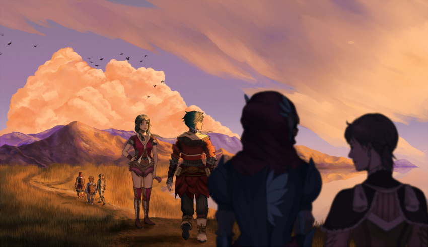 backpack bag baten_kaitos baten_kaitos_origins bird blurry blurry_foreground character_request cloud green_hair hand_on_hip long_sleeves milly_(baten_kaitos) outdoors sagi_(baten_kaitos) scenery standing sunrise tsukiyumi