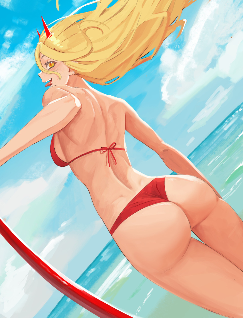 1girl absurdres ass beach bikini blonde_hair breasts chainsaw_man cowboy_shot demon_horns hair_between_eyes highres holding holding_surfboard horns long_hair looking_at_viewer looking_back medium_breasts ocean open_mouth orange_eyes power_(chainsaw_man) red_bikini red_horns sharp_teeth sideboob solo surfboard swimsuit teeth tefduck thigh_gap tongue tongue_out