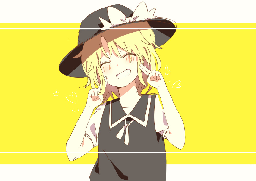 1girl :d absurdres black_headwear black_vest blonde_hair bow closed_eyes grin hat highres oomoji_(ymad5434) shirt short_hair short_sleeves smile solo teeth touhou touhou_(pc-98) two-tone_background upper_body vest white_background white_bow white_shirt yellow_background yuki_(touhou)