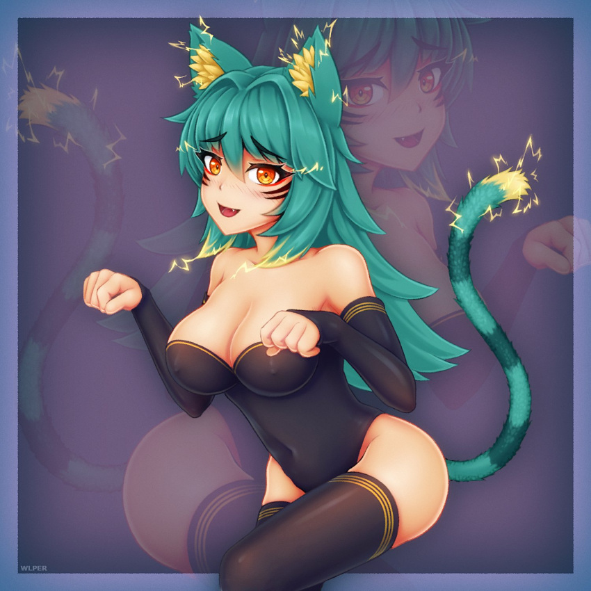 1girl animal_ear_fluff animal_ears artist_name bare_shoulders black_leotard black_sleeves black_thighhighs breasts cat_ears cat_girl cat_tail cleavage commentary covered_navel covered_nipples detached_sleeves electricity facial_mark fang green_hair hair_between_eyes highres large_breasts leotard long_hair looking_at_viewer open_mouth orange_eyes original paw_pose smile solo symbol-only_commentary tail thighhighs wlper