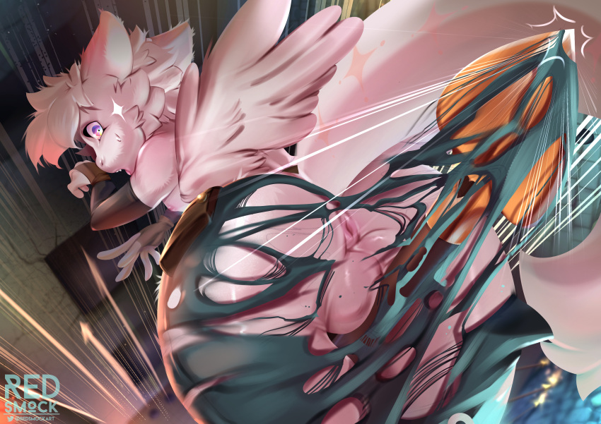 absurd_res anthro anus arrow_(weapon) balls bottom_view butt clothed clothing cute_eyes detailed_background digital_media_(artwork) dungeon fantasy feathered_wings feathers fluffy fluffy_tail fur genitals girly hi_res kobold looking_at_viewer male nipples nude open_mouth partially_clothed pink_body ranged_weapon redsmock solo solo_focus surprised_expression thick_thighs torn_clothing trapped weapon white_body white_fur wings